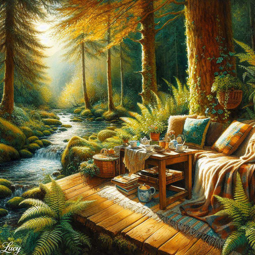 Деревянная терраса в залитом солнцем лесу онлайн-пазл