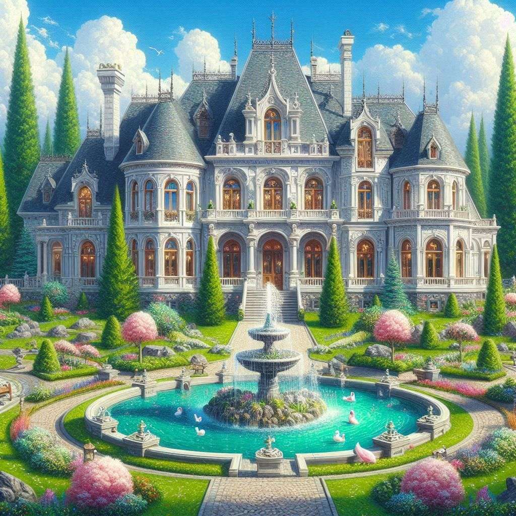 Vacker herrgård med en fontän Pussel online