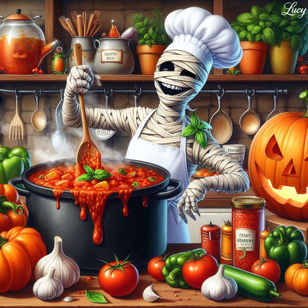 A cheerful Halloween mummy chef jigsaw puzzle online