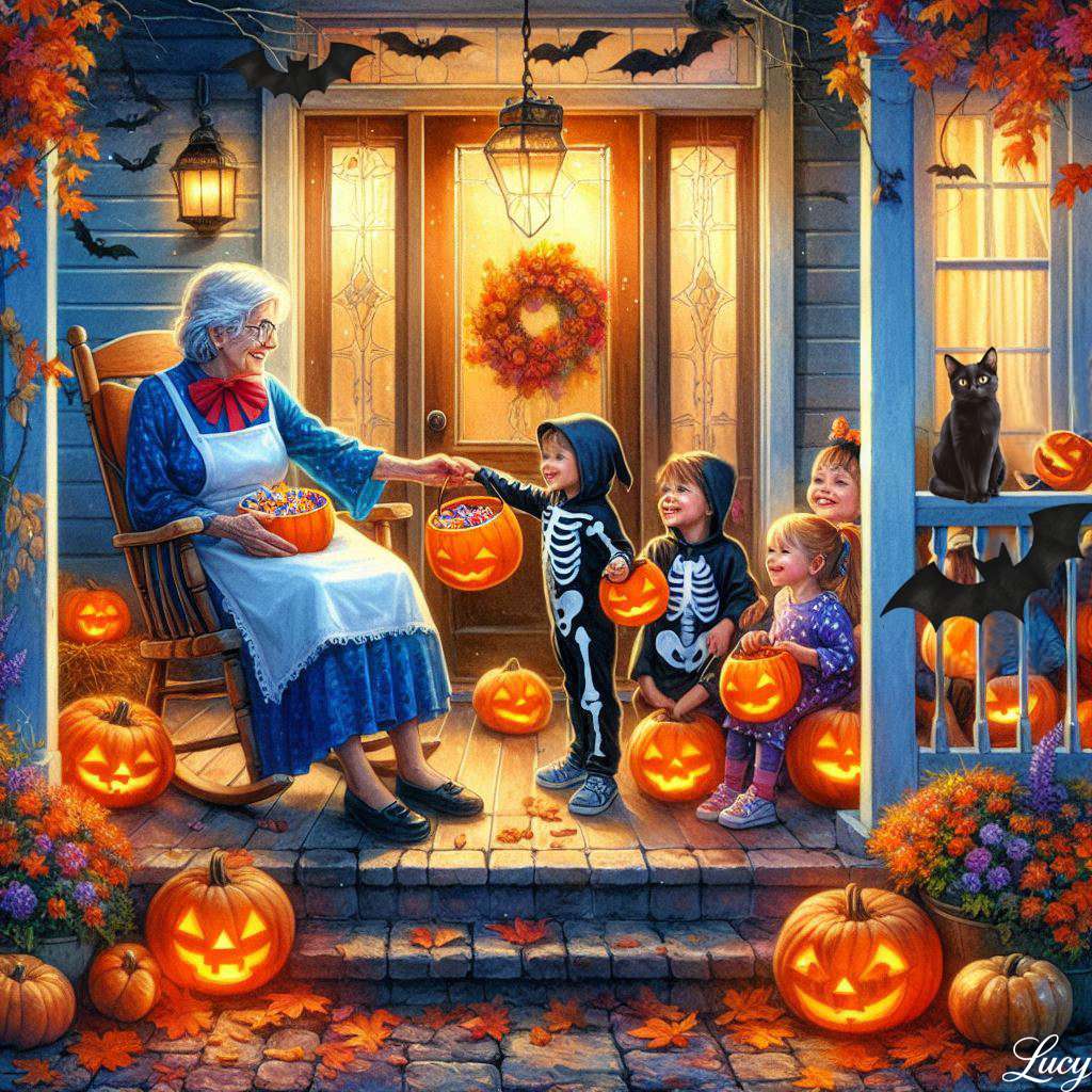 Przytulna scena Halloween na werandzie puzzle online