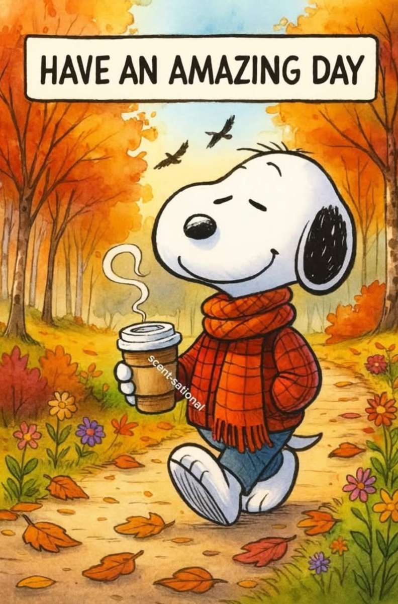 Snoopy tar en promenad bland höstlöven. pussel på nätet