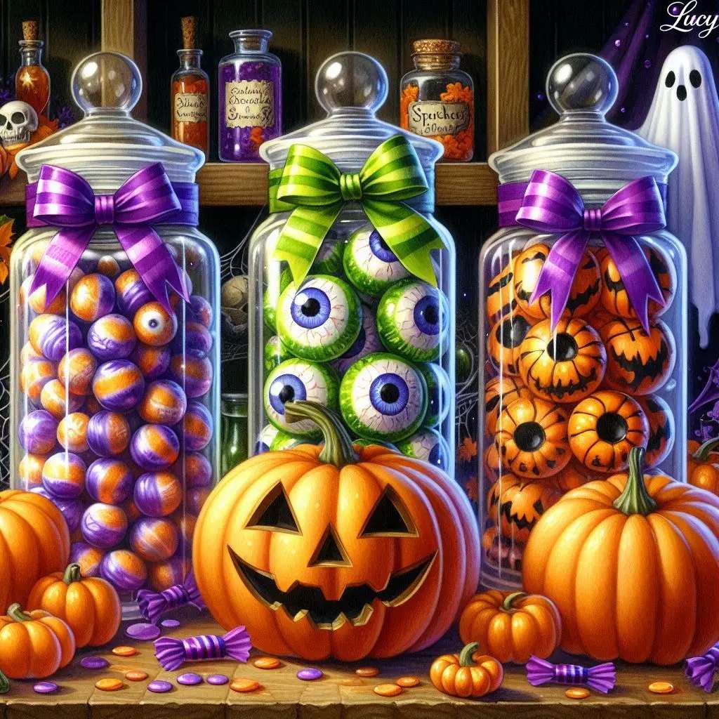 ガラス瓶にハロウィーンのキャンディーがいっぱい オンラインパズル