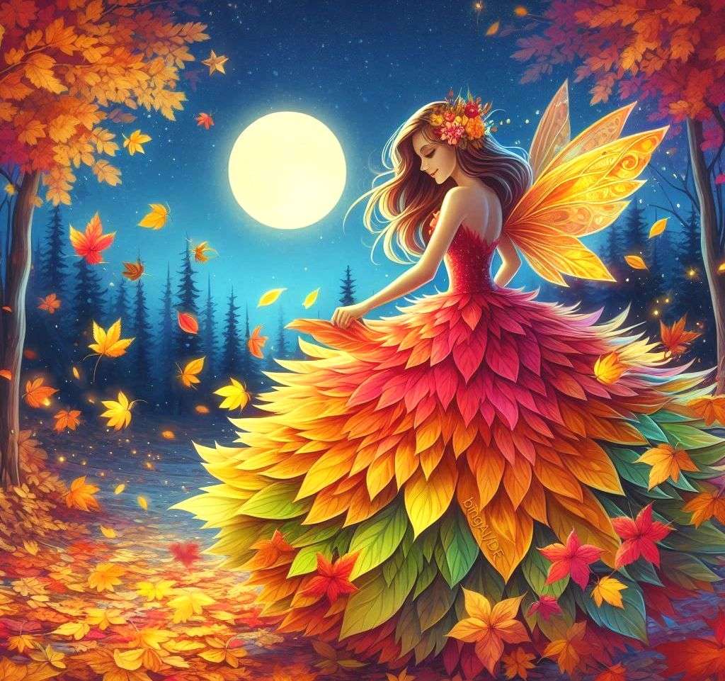 Podzimní víla s šaty z květinových listů online puzzle