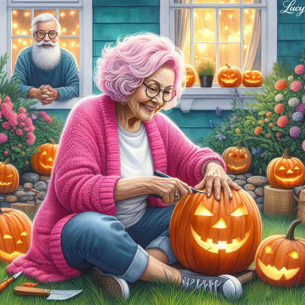 Frau schnitzt einen Halloween-Kürbis Puzzlespiel online