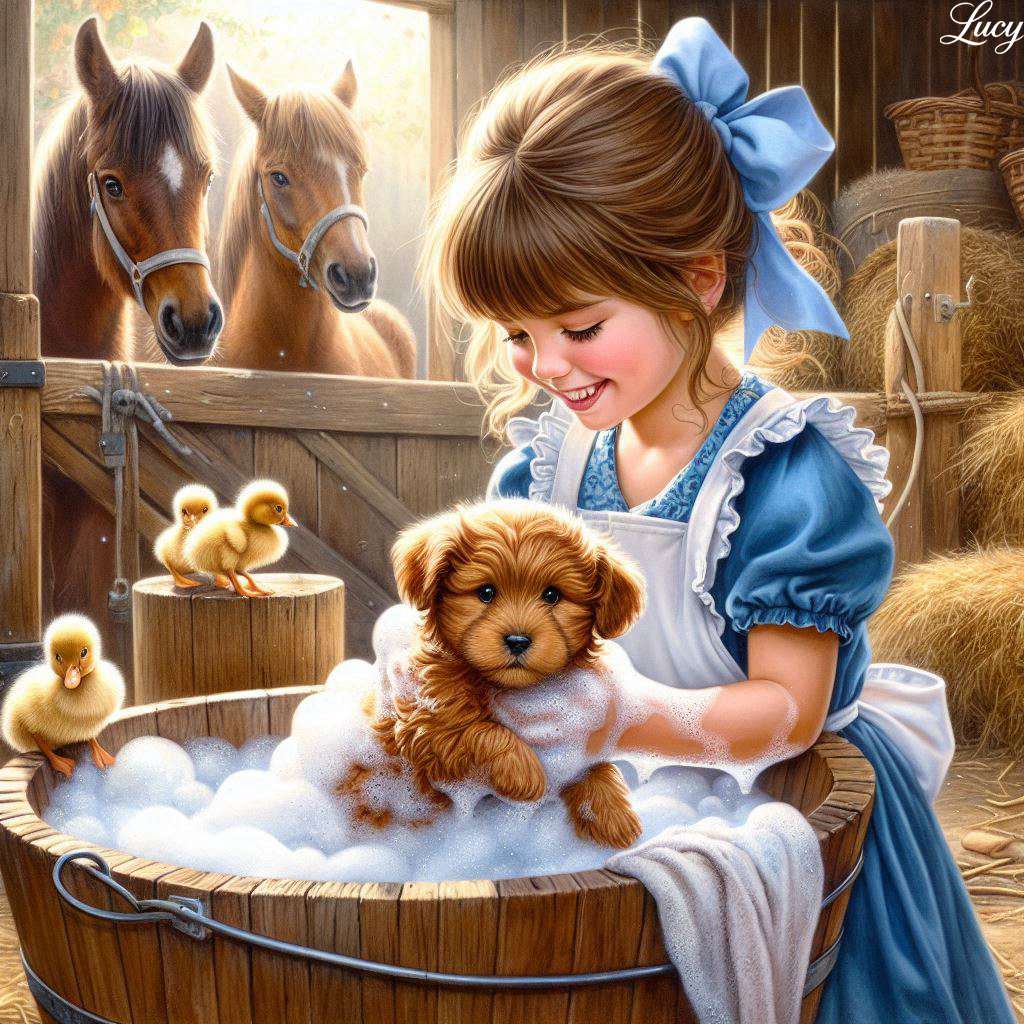 Badar försiktigt en fluffig brun valp pussel på nätet