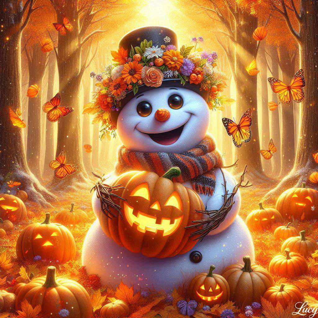 Ein fröhlicher Schneemann umarmt eine geschnitzte Kürbislaterne Puzzlespiel online