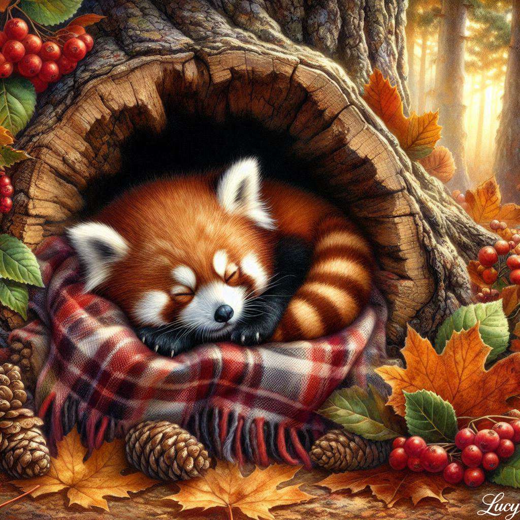 Un panda rojo bebé duerme acurrucado dentro de un árbol hueco rompecabezas en línea