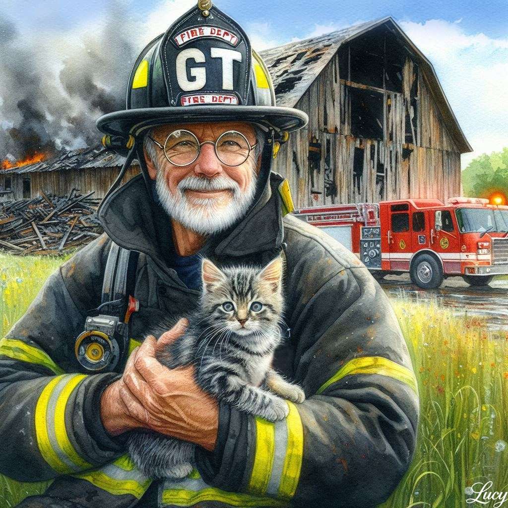 救助された灰色の縞模様の子猫を抱く消防士 オンラインパズル