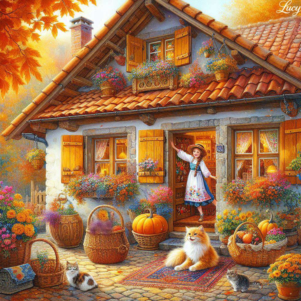 Vidám őszi falusi ház cseréptetővel online puzzle