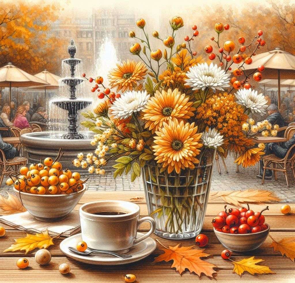 Mattina d'autunno presso la fontana puzzle online