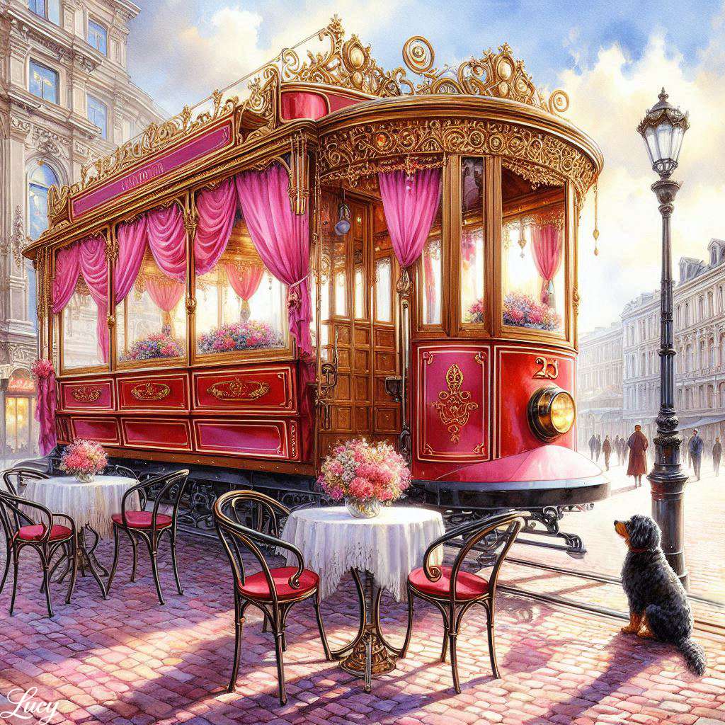 赤と金のヴィンテージなトラムカフェ オンラインパズル