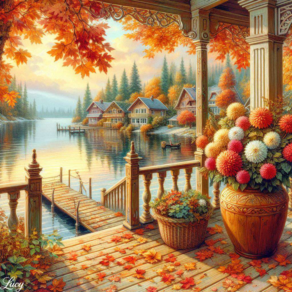 A fából készült veranda egy nyugodt őszi tóra néz kirakós online