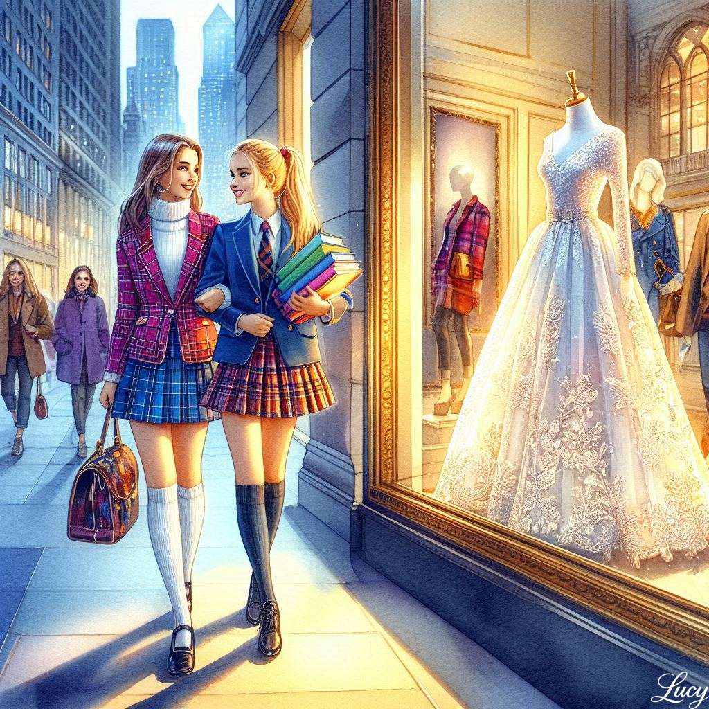 Dwie uczennice przechodzą obok okna butiku puzzle online