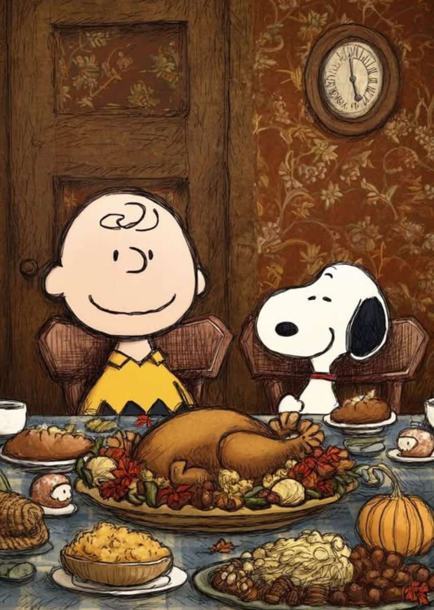チャーリー・ブラウンとスヌーピーのシェア感謝祭ディナー。 ジグソーパズルオンライン