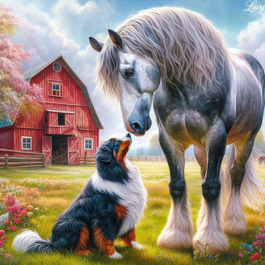 雄大な馬と幸せなバーニーズ犬 オンラインパズル