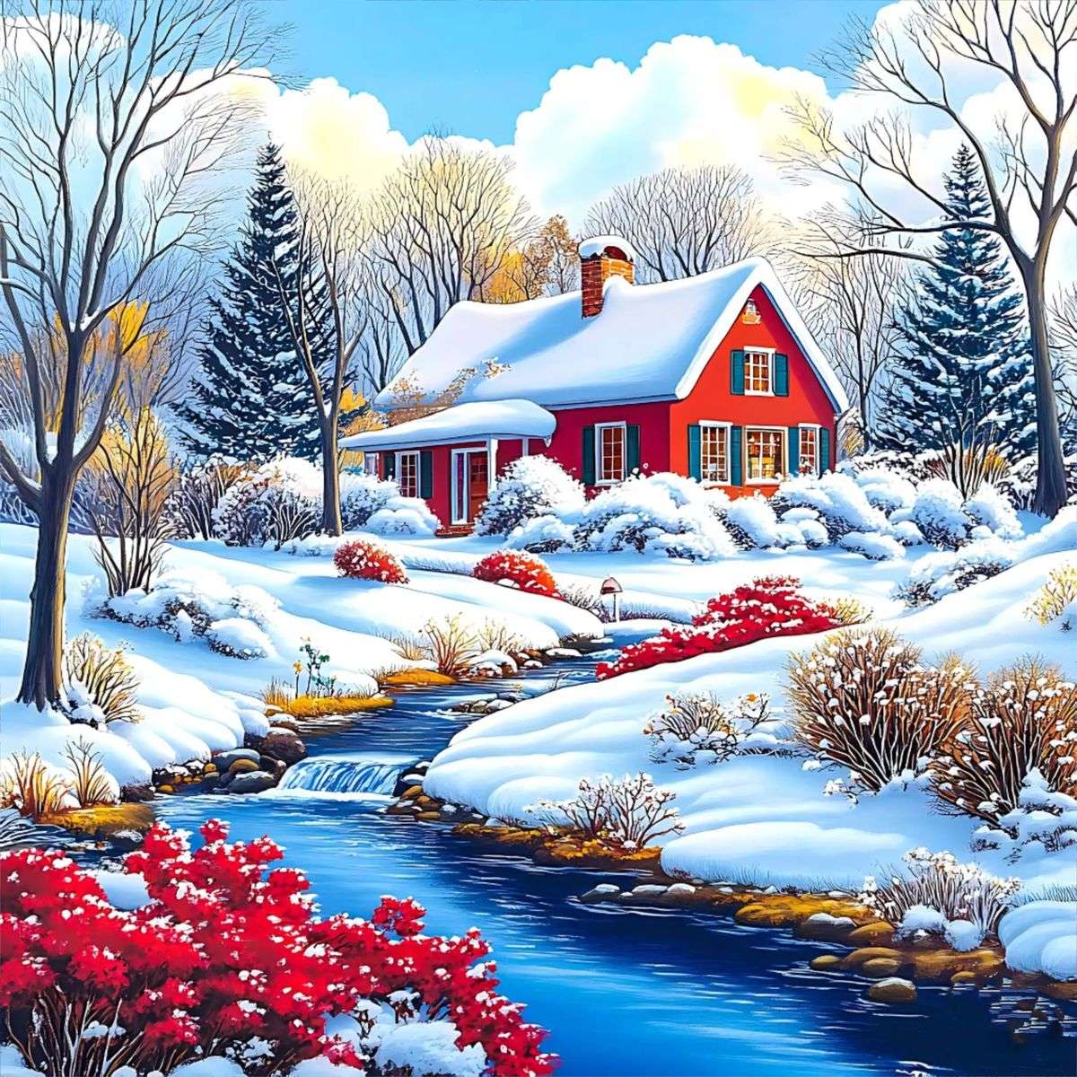 冬と川沿いの雪 ジグソーパズルオンライン