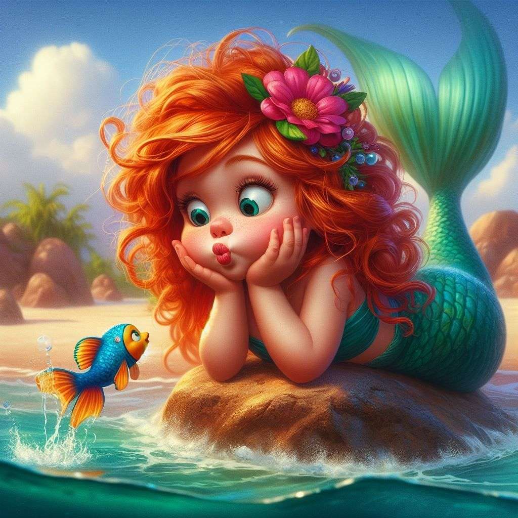 魚を眺める赤毛の人魚 ジグソーパズルオンライン