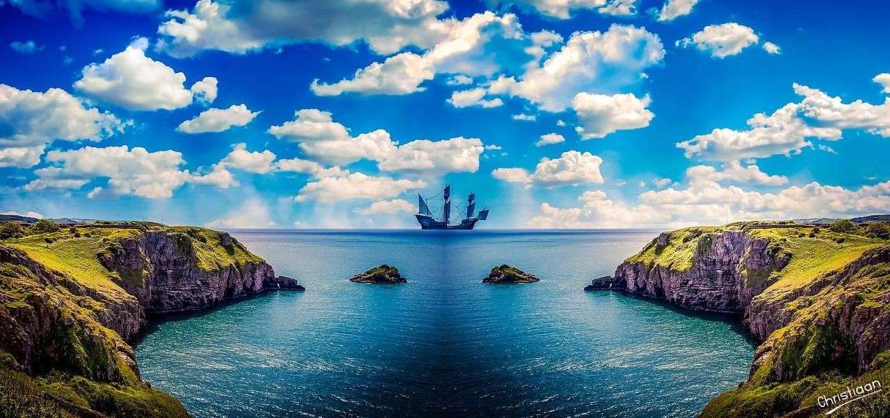 海岸、船、雲、湾。 オンラインパズル