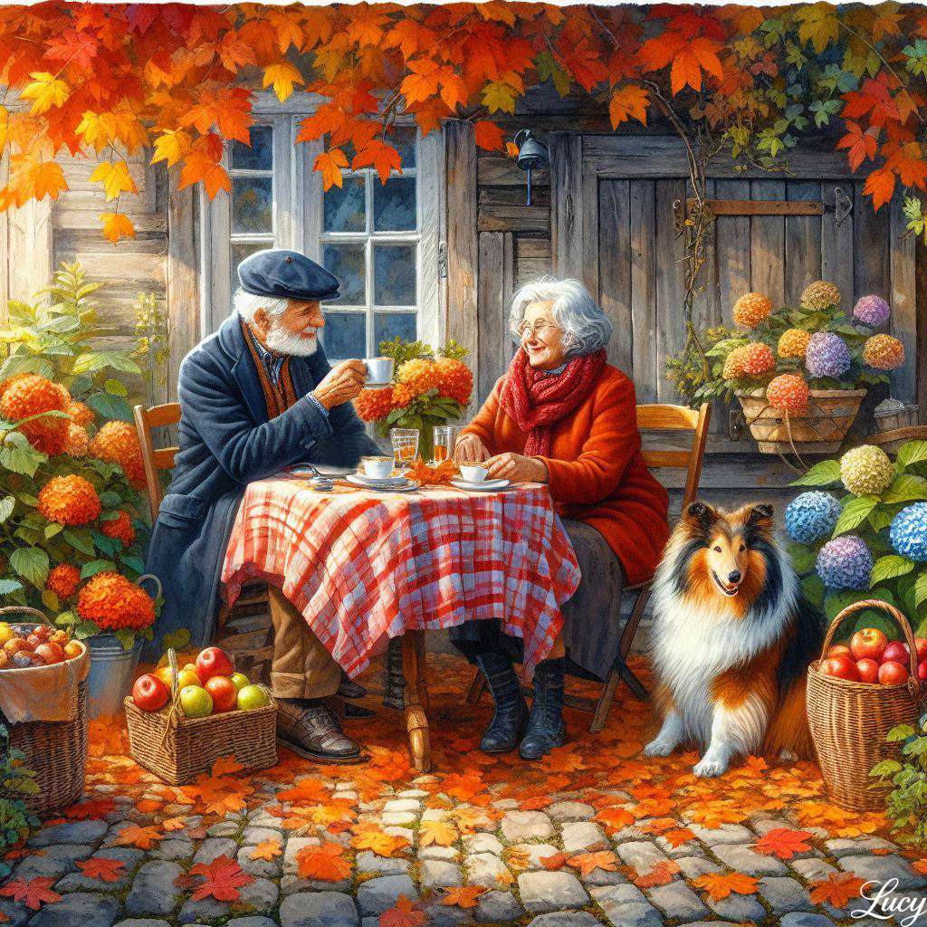 屋外で秋のお茶を楽しむ老夫婦 ジグソーパズルオンライン