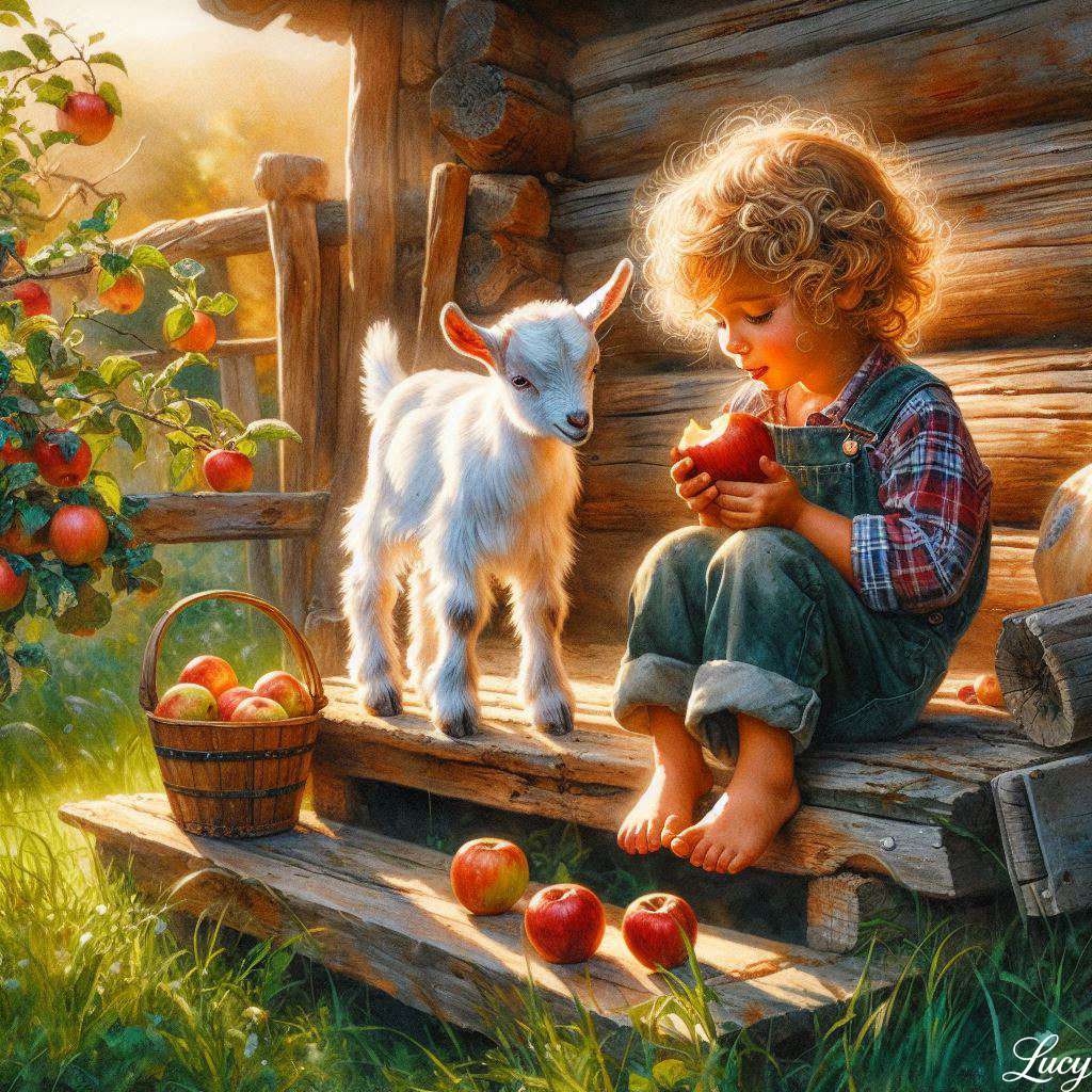 子供と小さな白ヤギ オンラインパズル
