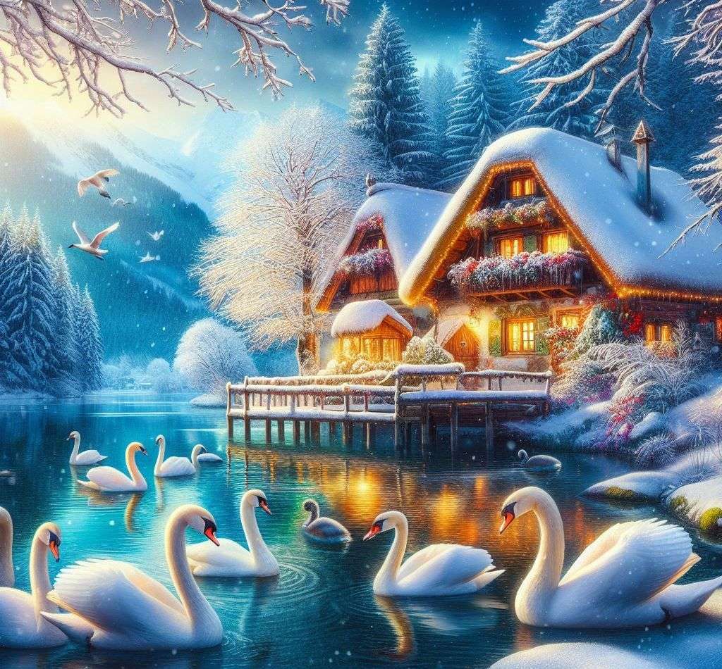 湖に白鳥がいる美しい冬の風景 ジグソーパズルオンライン