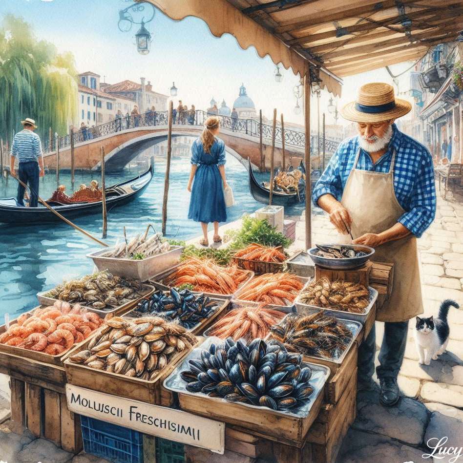 Nasłoneczniony wenecki targ rybny nad kanałem puzzle online
