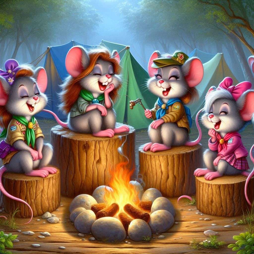 キャンプ場でたき火をするネズミたち オンラインパズル