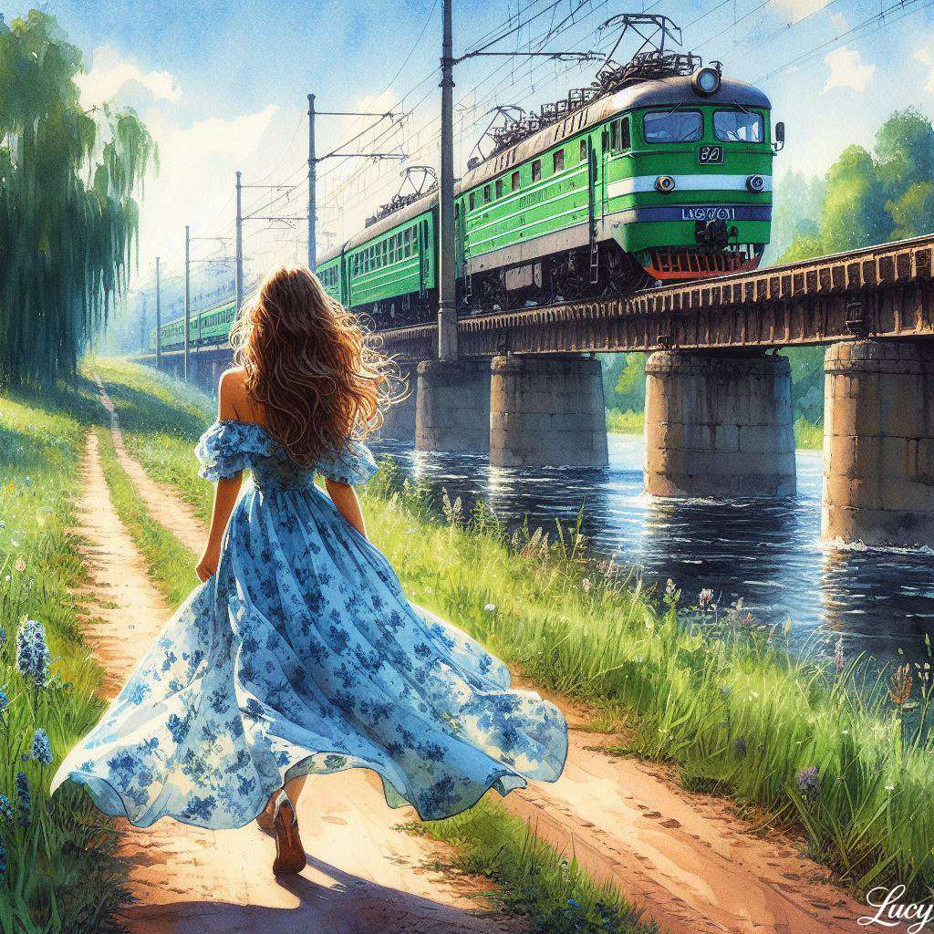 コンクリート橋を渡る緑色の電車 ジグソーパズルオンライン