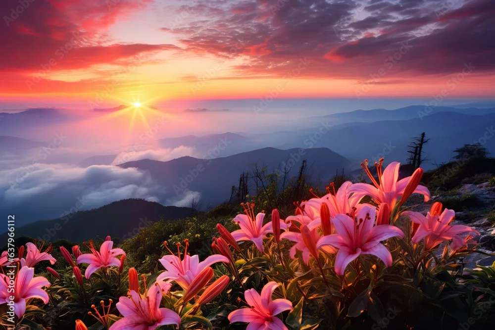 花のある山の風景 ジグソーパズルオンライン