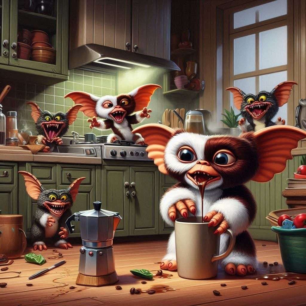 ギズモとグレムリンがキッチンを歩き回っています オンラインパズル