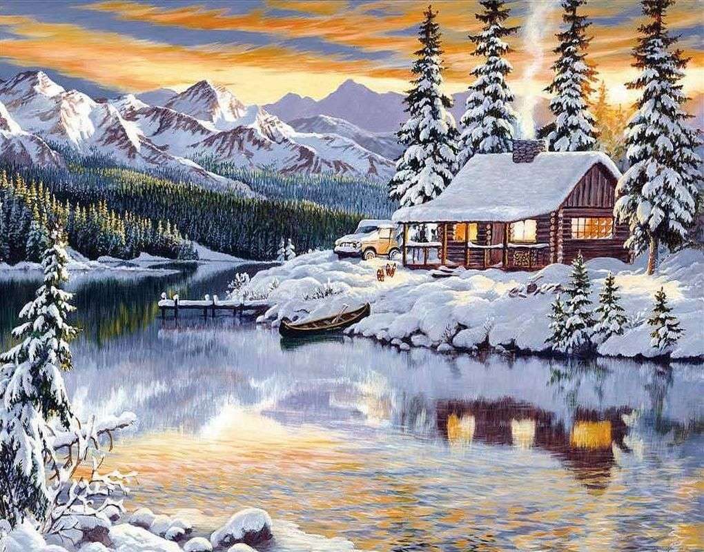 冬の川沿いの小屋 ジグソーパズルオンライン