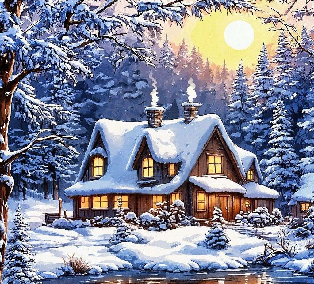 冬の森の中の小屋 オンラインパズル