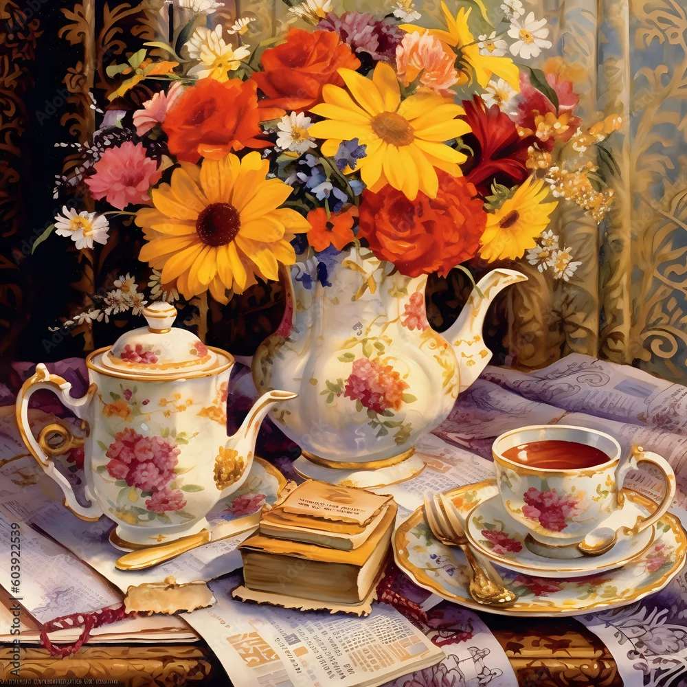 Herbata i Bukiet w wazonie puzzle online