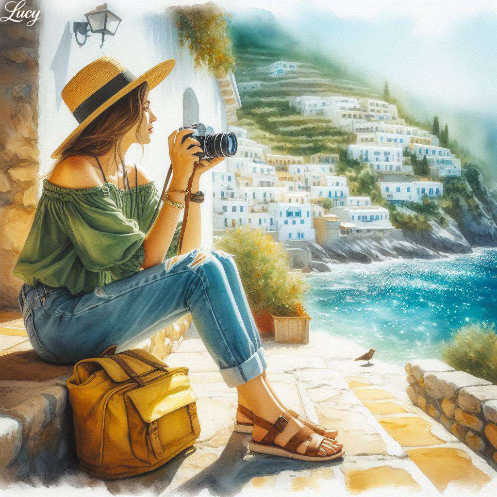 暖かい石段に座る若い旅行者 ジグソーパズルオンライン