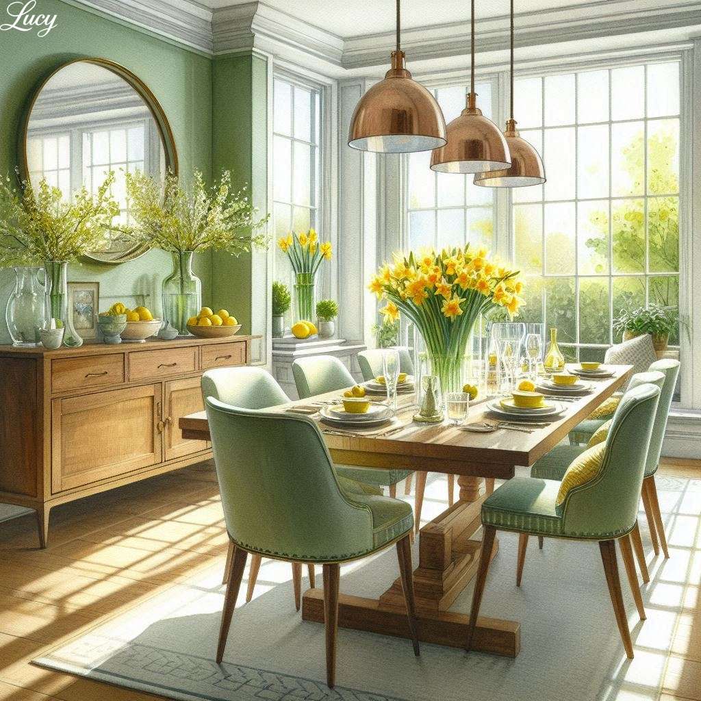 柔らかなグリーンの壁に陽光が差し込むダイニングルーム オンラインパズル