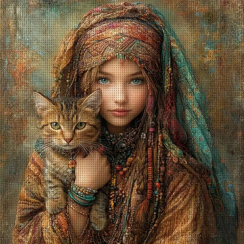 猫と女の子の肖像画 ジグソーパズルオンライン