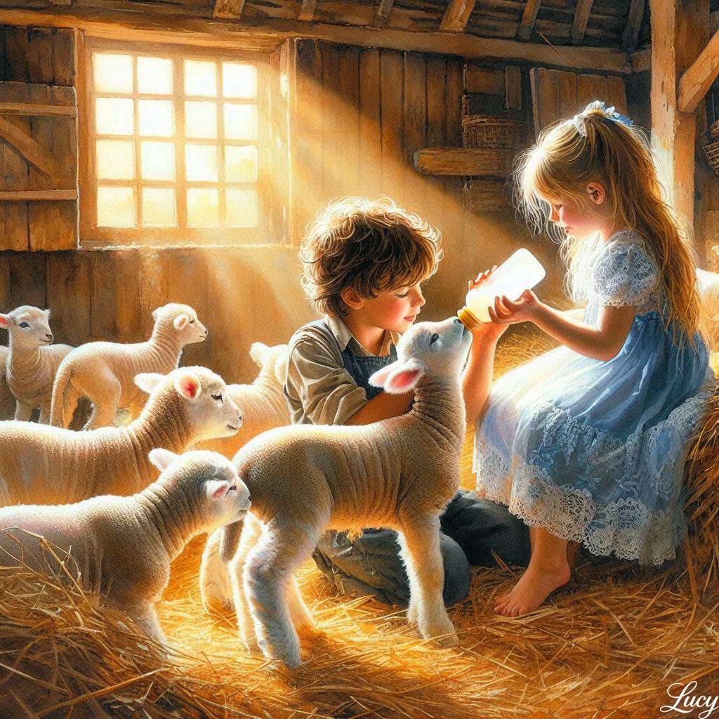 子羊と優しい時間を共有する2人の子供たち オンラインパズル