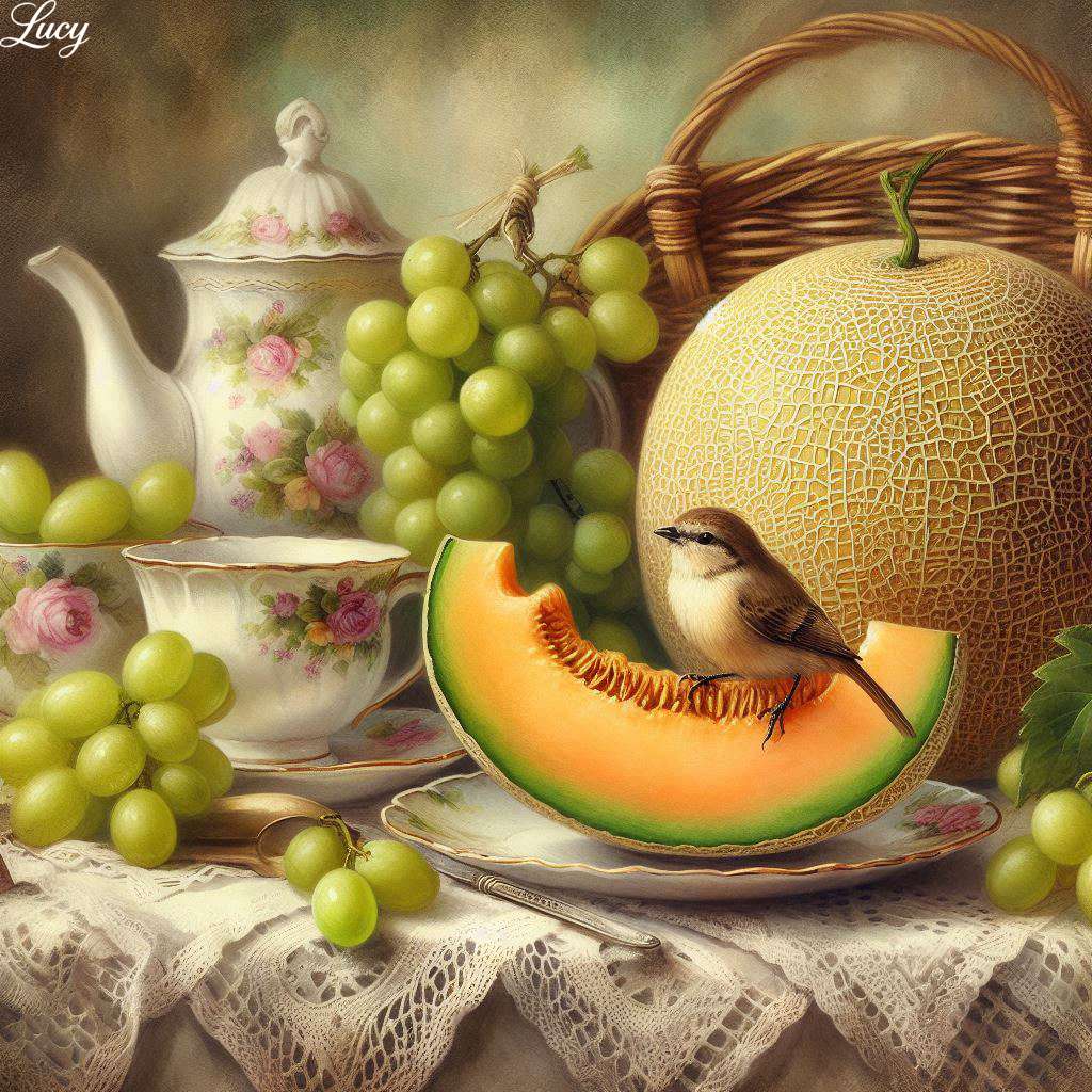 熟したカンタロープのスライスの上の小鳥 ジグソーパズルオンライン