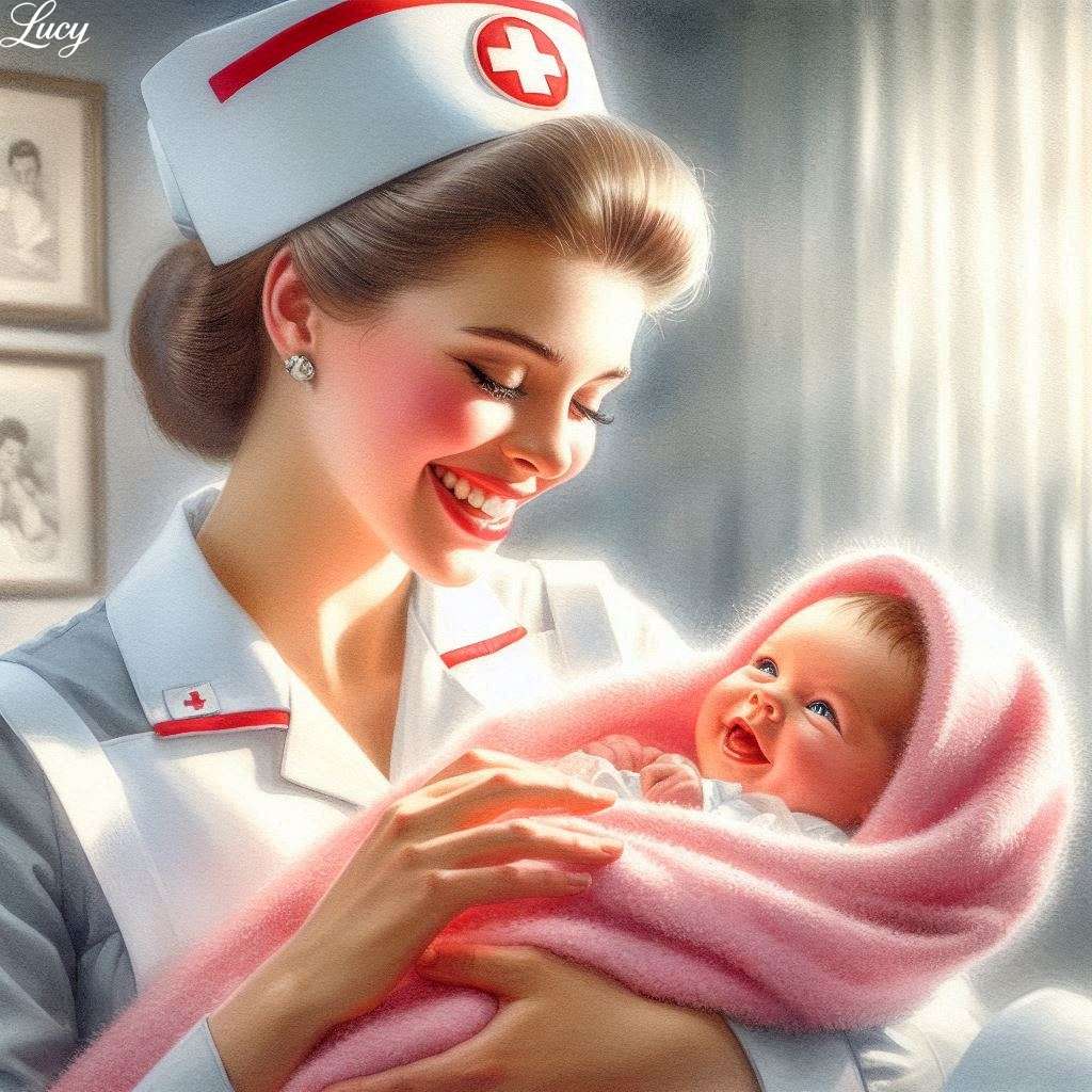かわいい新生児を抱く笑顔の看護師 ジグソーパズルオンライン