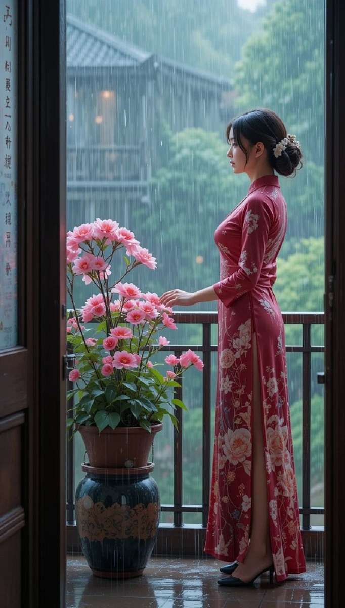 ピンクの花と雨の女 オンラインパズル
