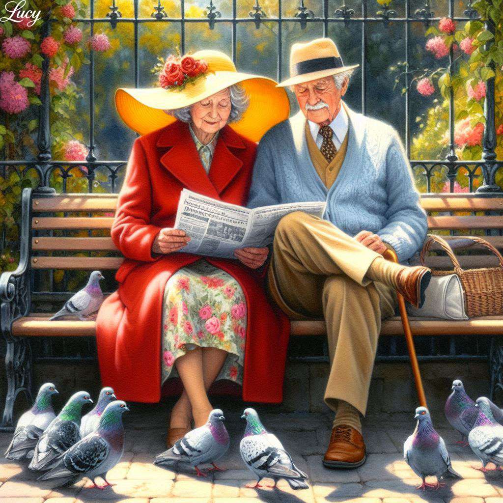 ベンチに静かに座る老夫婦 オンラインパズル