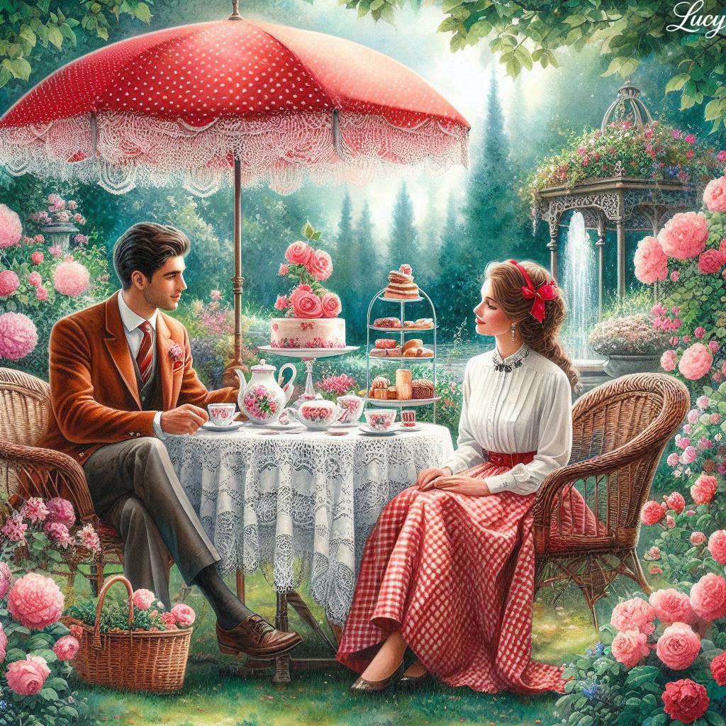 緑豊かな庭園でのロマンチックな屋外ティー・シーン オンラインパズル