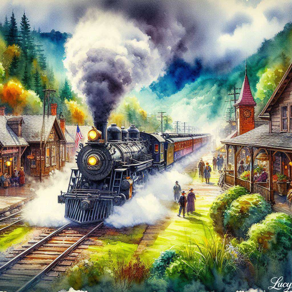 小さな町の駅に停車中の1880年代の蒸気機関車 ジグソーパズルオンライン