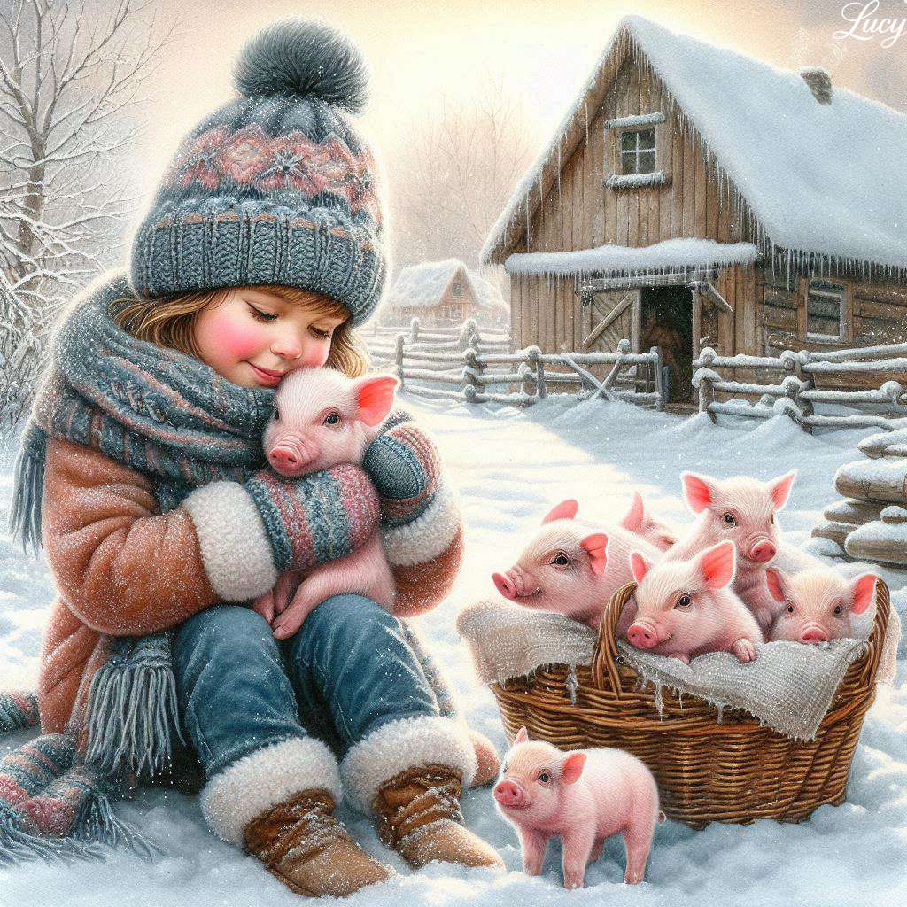 小さなピンクの子豚を抱きしめる子供 ジグソーパズルオンライン