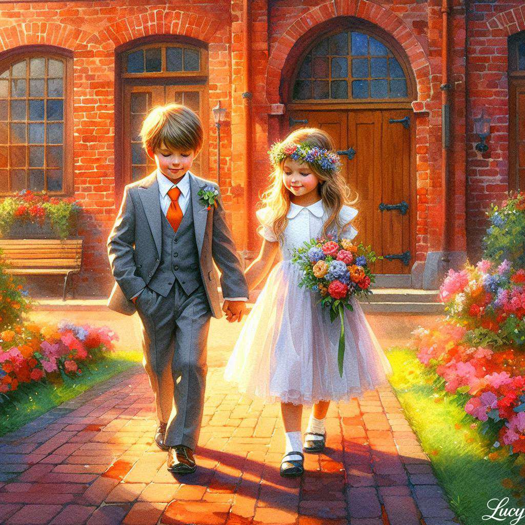 太陽の光が差し込むレンガの小道を手をつないで歩く ジグソーパズルオンライン