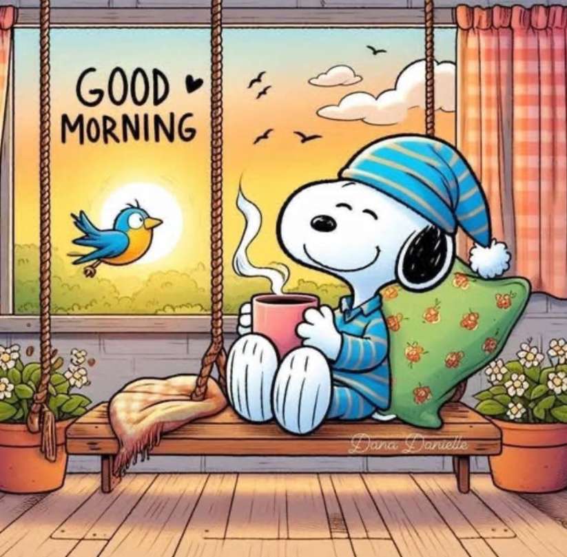 スヌーピーは温かいコーヒーを飲みながら静かに座っている。 オンラインパズル