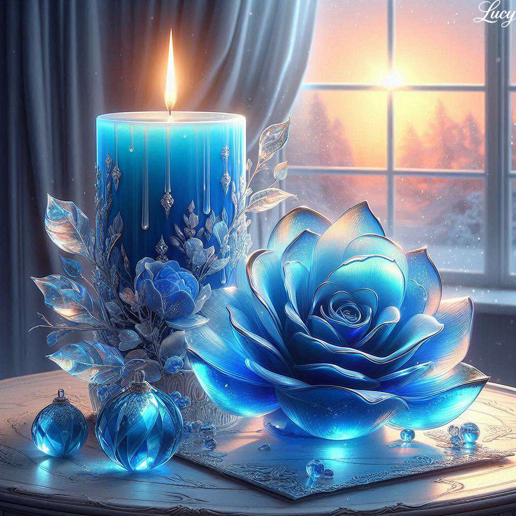 キャンドルの横に置かれた銀縁の青いバラ オンラインパズル