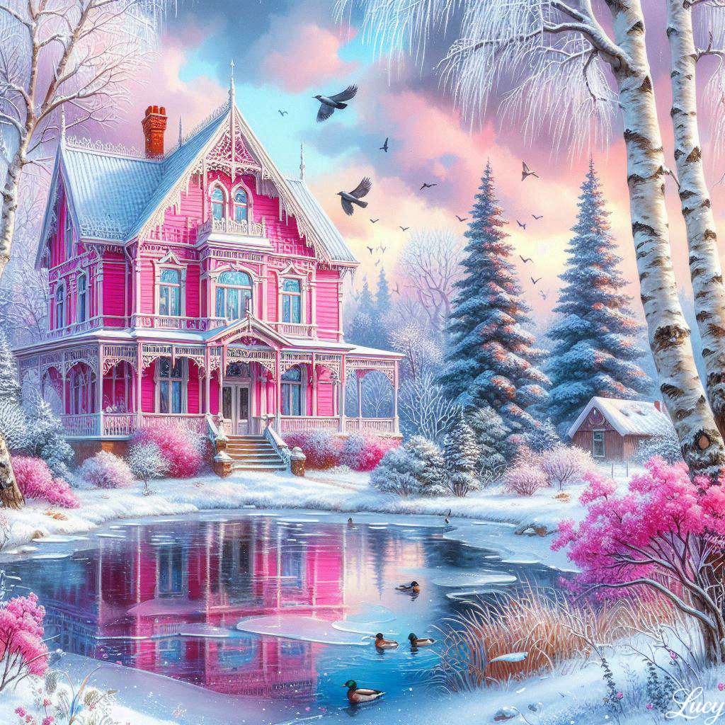 白い縁取りのピンクのビクトリア様式の家 オンラインパズル