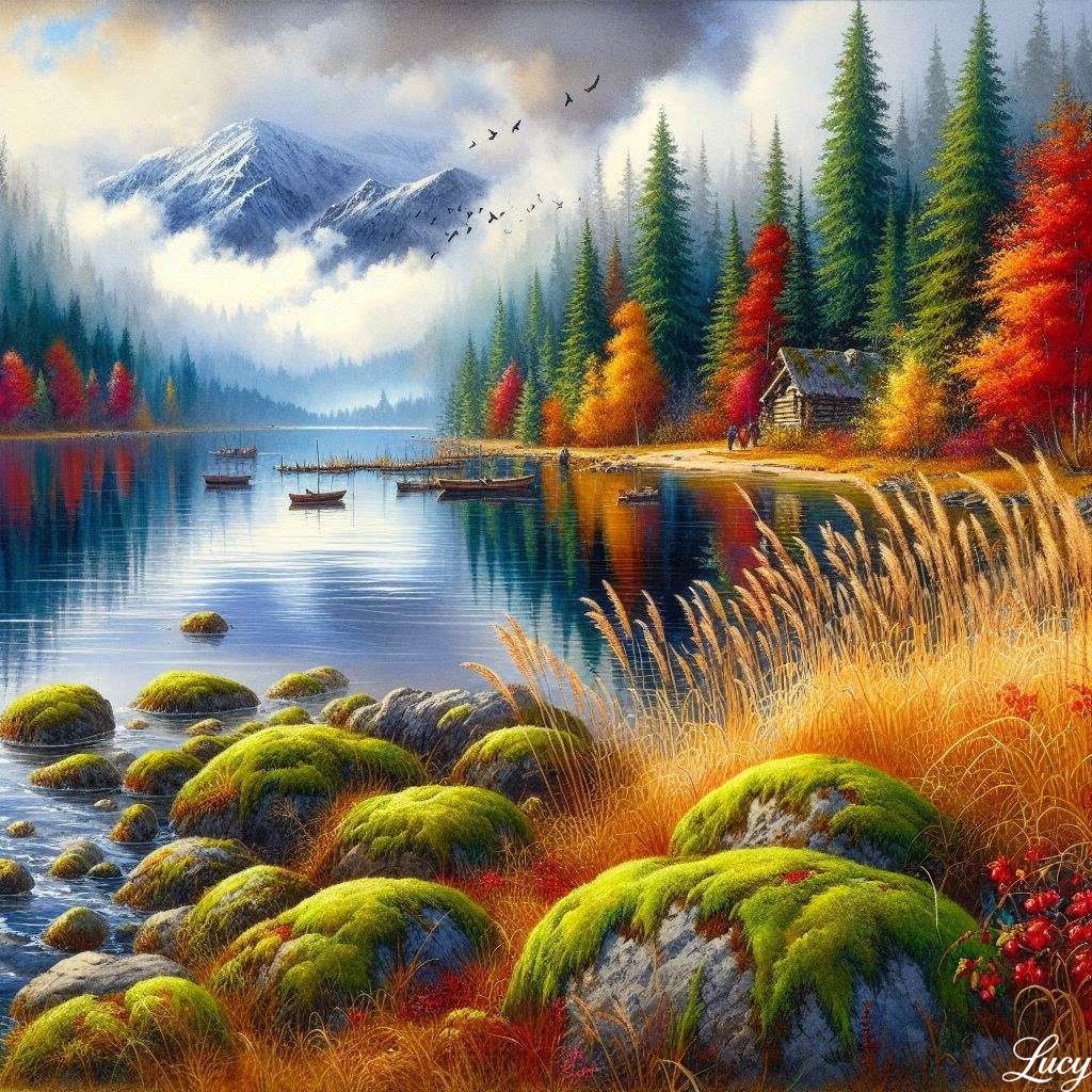 秋の湖の風景 オンラインパズル