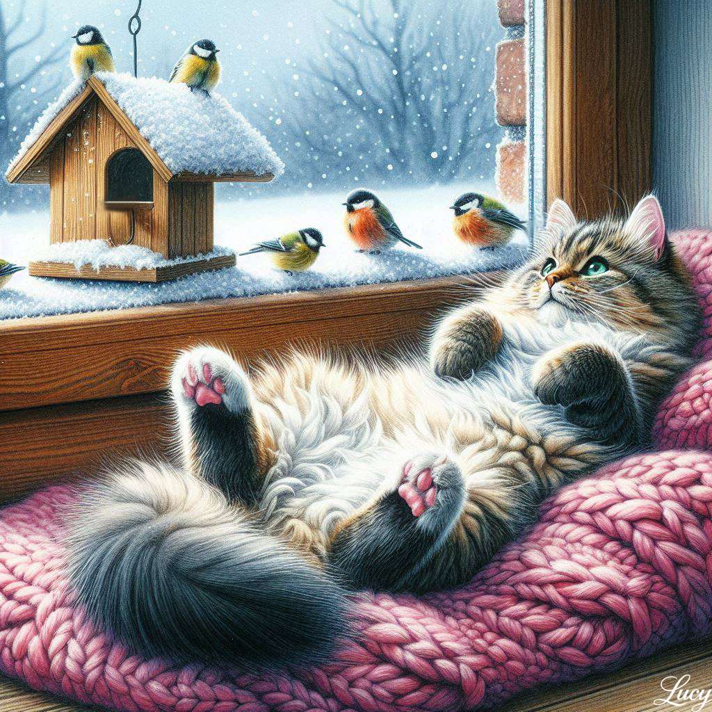 ニットの毛布の上で腹ばいになるふわふわの猫 オンラインパズル